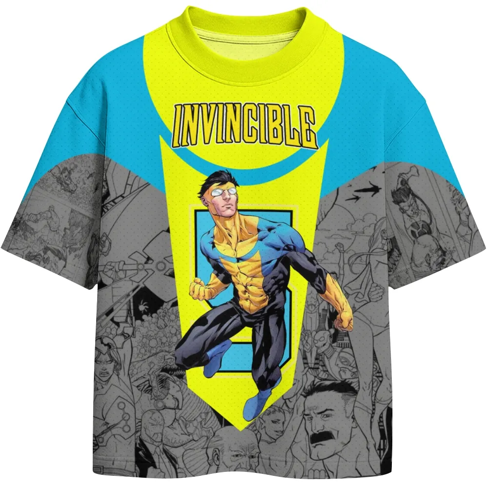 Invincible Mark Grayson Football Jersey, Omni-Man Comic Panel Superhero Crew Neck Jersey Shirt, Yellow Blue and Grey Sports Tee for Fans