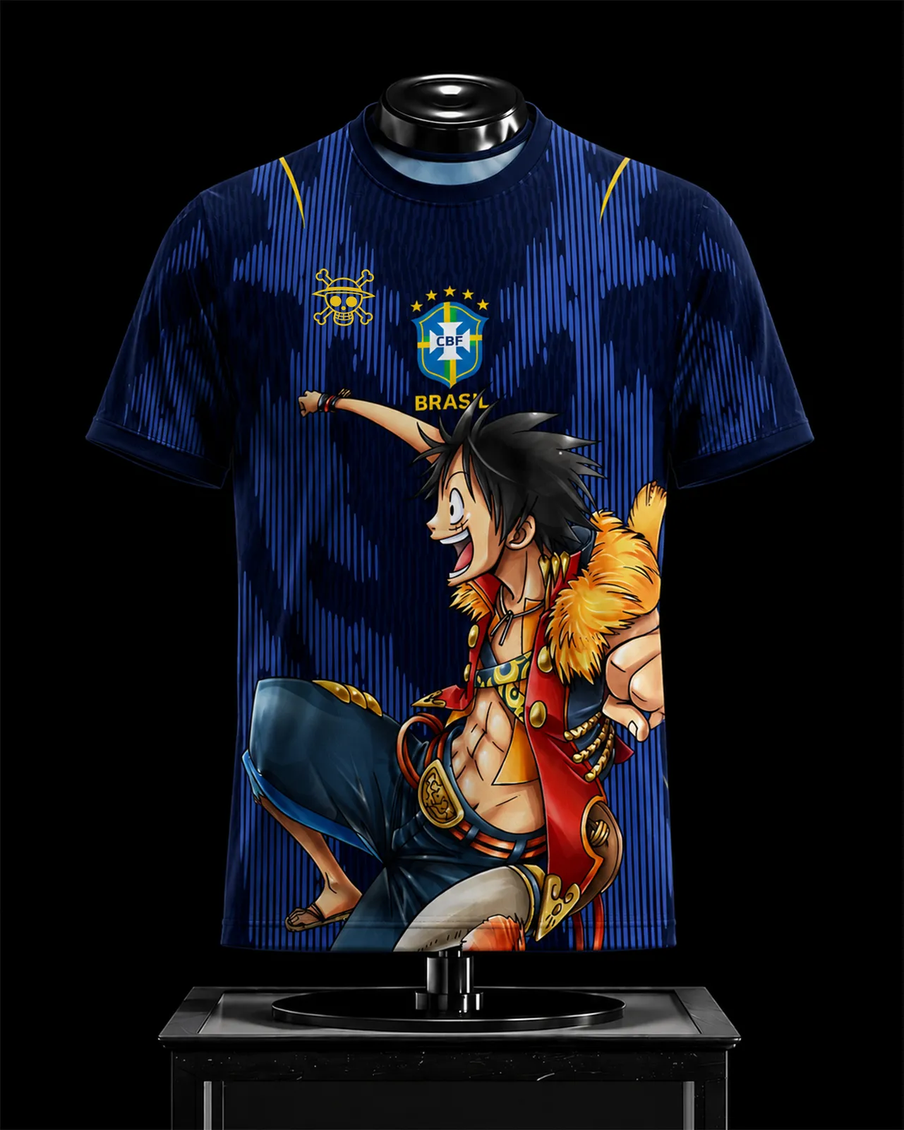 One Piece X Brazil Monkey D Luffy Football Jersey, Navy Pinstripe Crew Neck Anime Soccer Jersey Shirt, Straw Hat Captain Brasil Fan Sports Tee