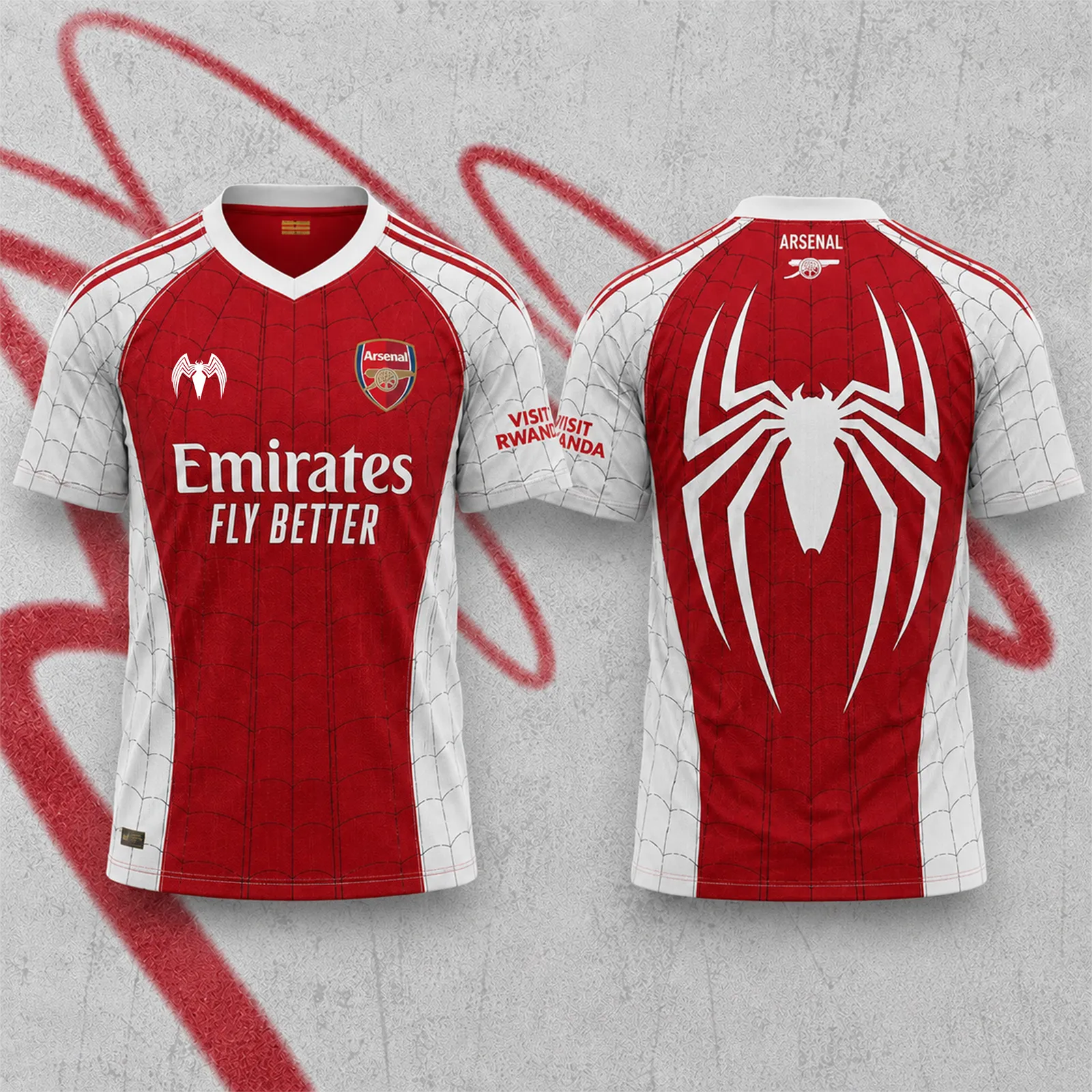 Arsenal Spider-Man Football Jersey, Red and White Web Pattern Superhero V-Neck Soccer Jersey Shirt, Giant Arachnid Emblem Back Print Sports Tee