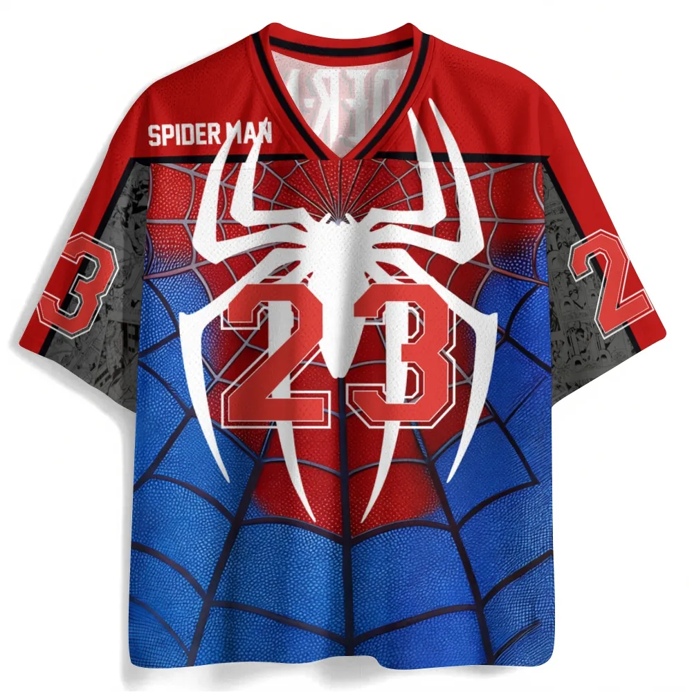 Marvel Spider-Man 23 Football Jersey, White Arachnid Emblem Web Pattern Superhero V-Neck Jersey Shirt, Red and Blue Sports Tee for Comic Fans