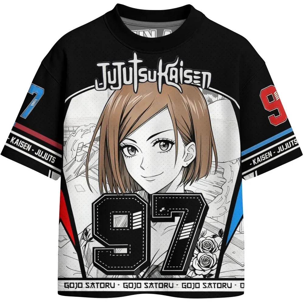 Jujutsu Kaisen Nobara Kugisaki Football Jersey, Tokyo High Sorcerer Manga Panel Anime Crew Neck Jersey Shirt, Black White Red Number 97 Tee