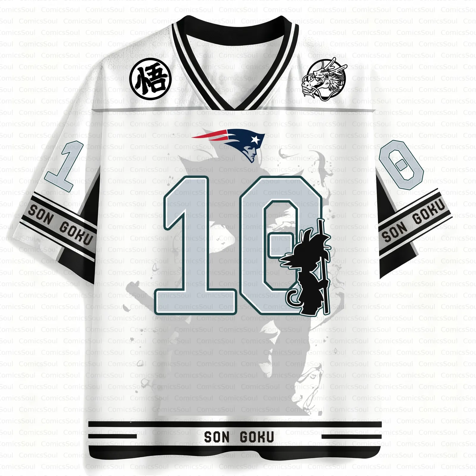 Dragon Ball Z Son Goku Football Jersey, White and Grey Anime V-Neck Jersey Shirt with Number 10, Shenron Emblem Kid Saiyan Silhouette Tee