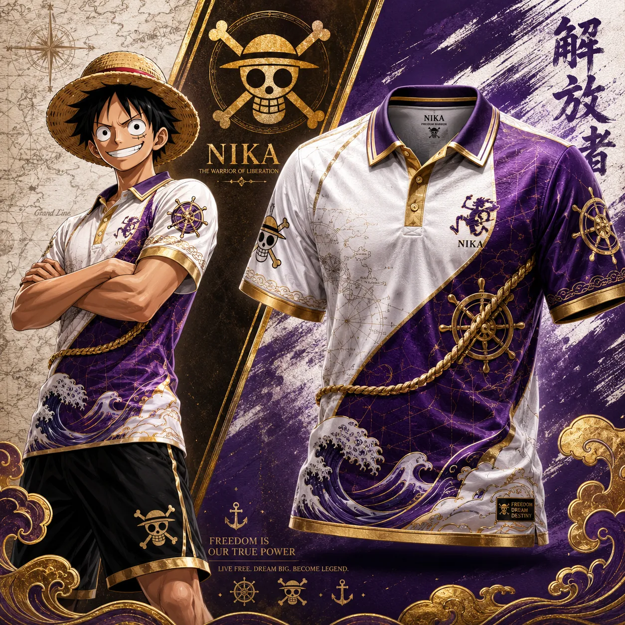 One Piece Luffy Nika Football Jersey, Warrior of Liberation Straw Hat Pirates Anime Collared Jersey Shirt, White Purple Gold Wave Tee
