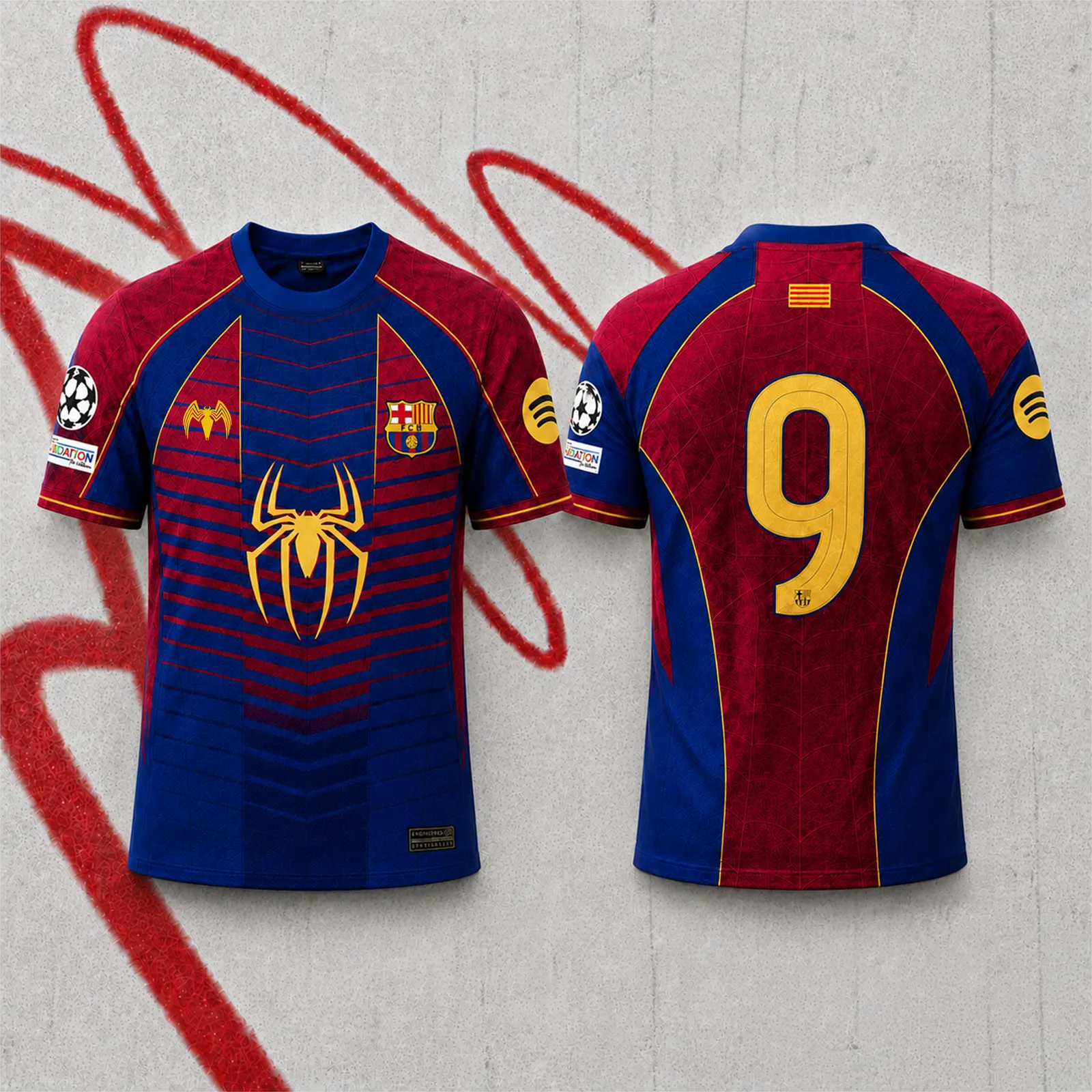 FC Barcelona Spider-Man Football Jersey, Blue and Garnet Number 9 Superhero Crew Neck Soccer Jersey Shirt, Gold Web Emblem Sports Tee