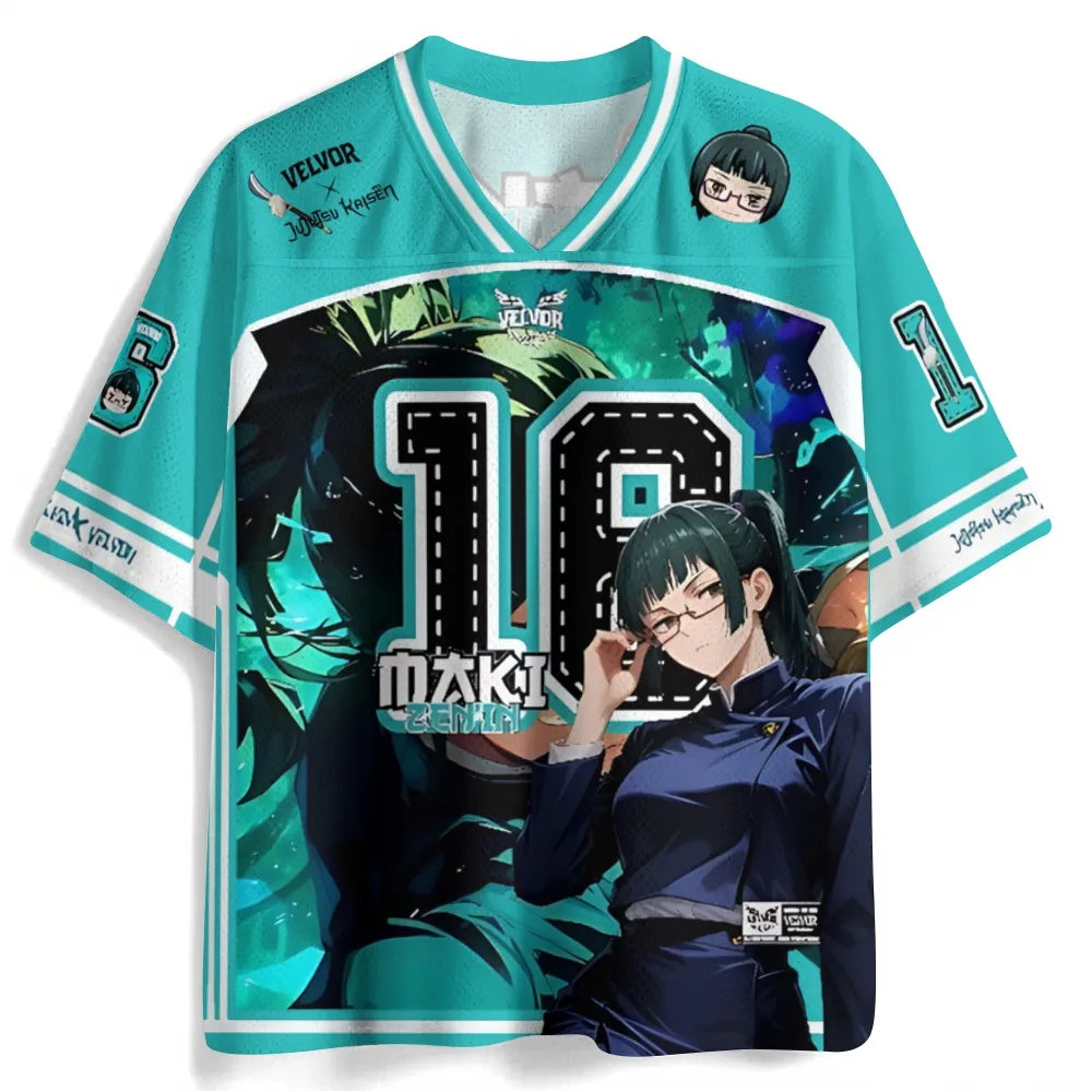 Jujutsu Kaisen Maki Zenin Football Jersey, Number 16 Teal and Black Anime V-Neck Jersey Shirt, Chibi Zen'in Clan Glasses Girl Sports Tee for Fans