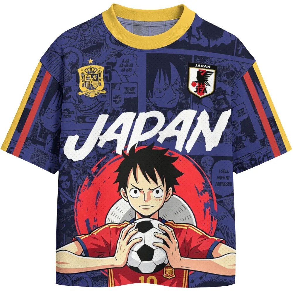 One Piece Monkey D Luffy Japan Football Jersey, Number 19 Navy Manga Panel Crew Neck Anime Soccer Jersey Shirt, Straw Hat Captain Sports Tee