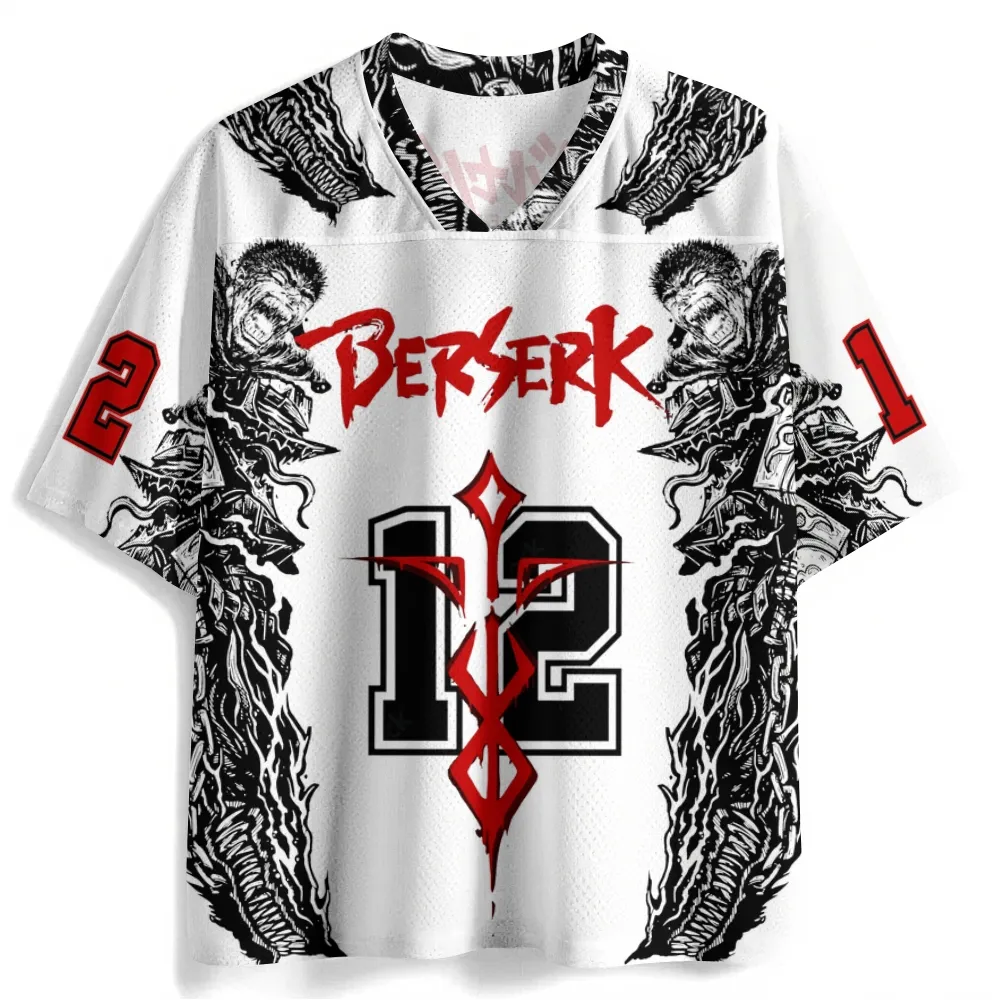 Berserk Guts Brand of Sacrifice Football Jersey, Berserker Armor Number 12 Anime V-Neck Jersey Shirt, White Black Red Mesh Tee for Manga Fans