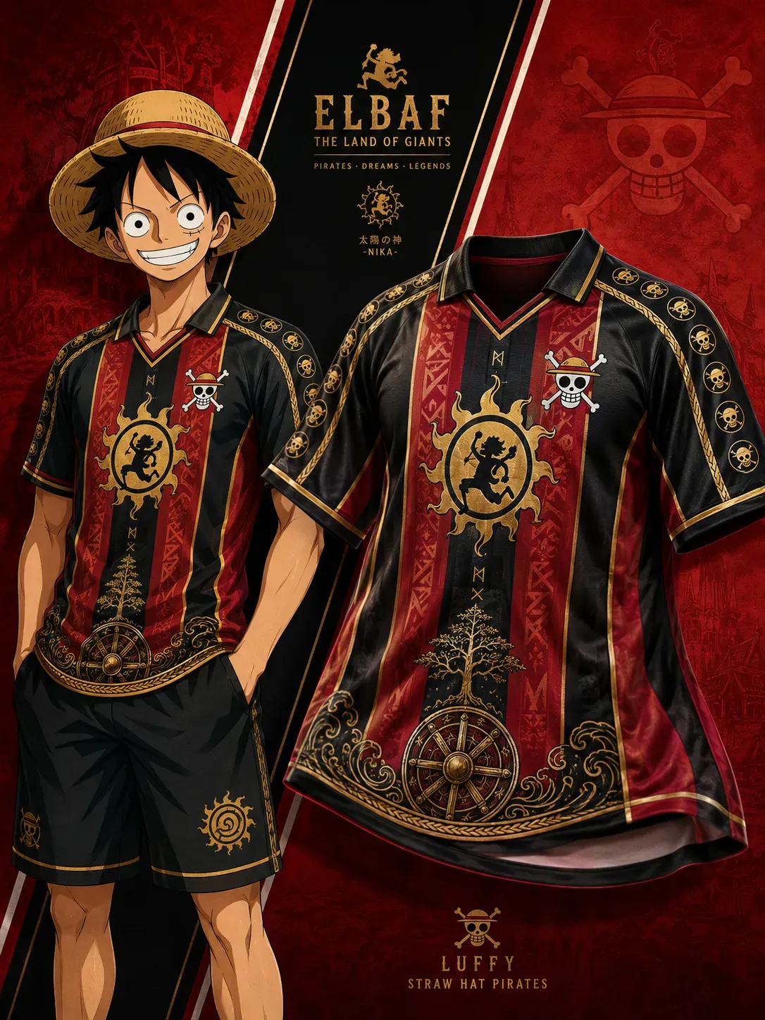 One Piece Luffy Elbaf Football Jersey, Sun God Nika Straw Hat Pirates Anime Collared V-Neck Jersey Shirt, Black Red Gold Sports Tee