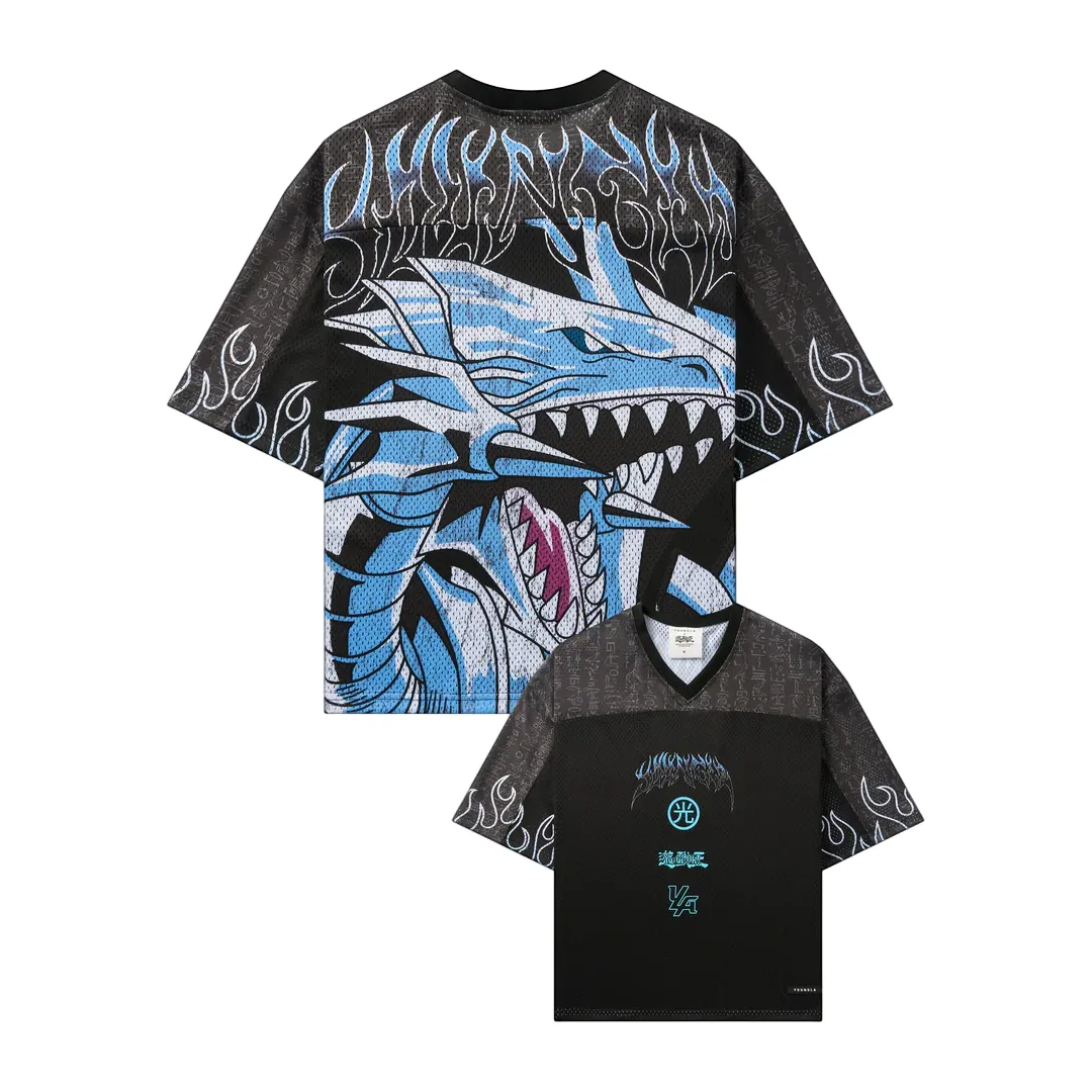 Yu-Gi-Oh! Blue-Eyes White Dragon Football Jersey, Black Mesh Anime V-Neck Jersey Shirt, Flame Sleeve Duel Monsters Streetwear Tee