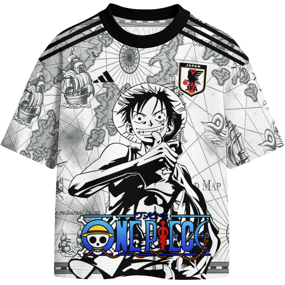 One Piece Monkey D Luffy Football Jersey, Grand Line Map Straw Hat Crew Neck Anime Jersey Shirt, White Black Grey Sketch Tee for Fans