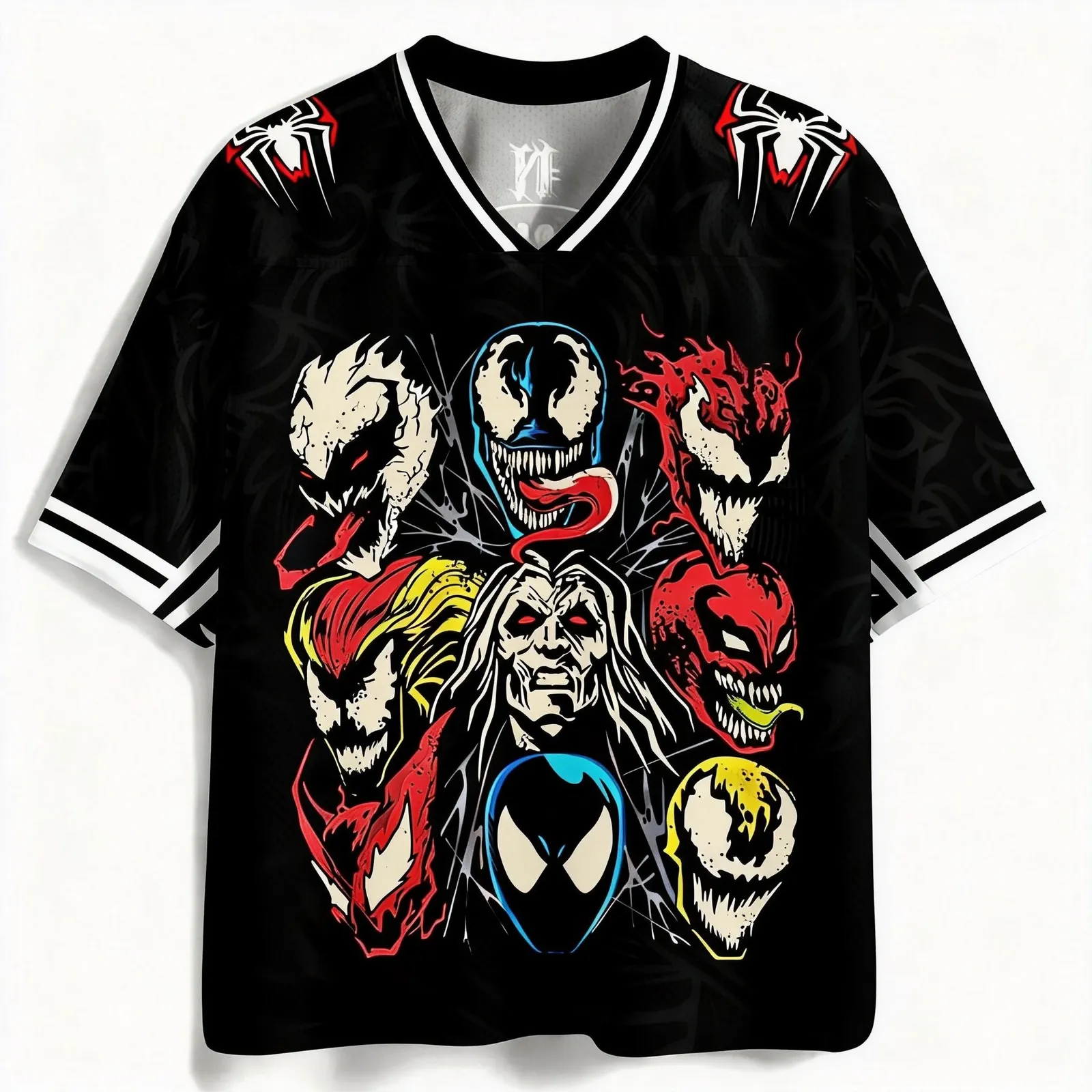 Spider-Man Venom Carnage Symbiotes Football Jersey, Giant Fanged Face Marvel Villains V-Neck Jersey Shirt, Black Red and White Sports Tee
