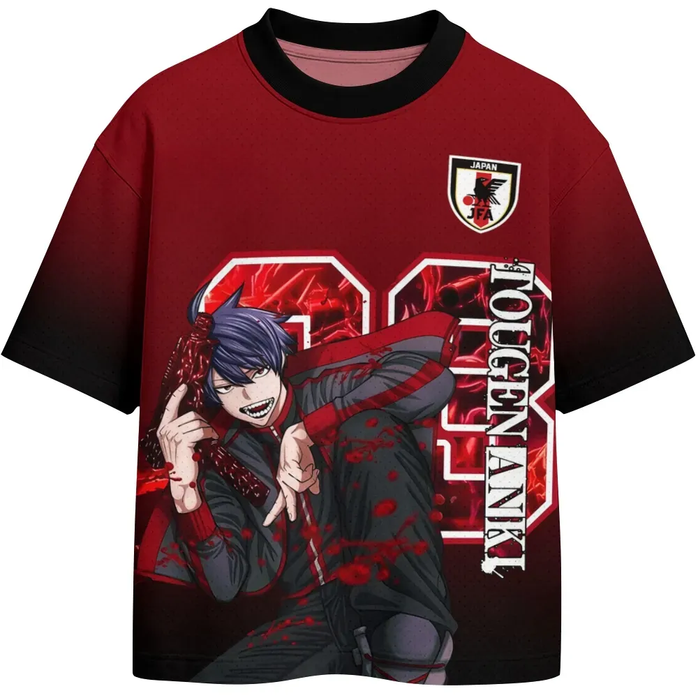 Tougen Anki Shiki Ichinose Football Jersey, Oni Blood Manga Anime Crew Neck Jersey Shirt, Crimson Black Gradient Number 08 Tee for Fans