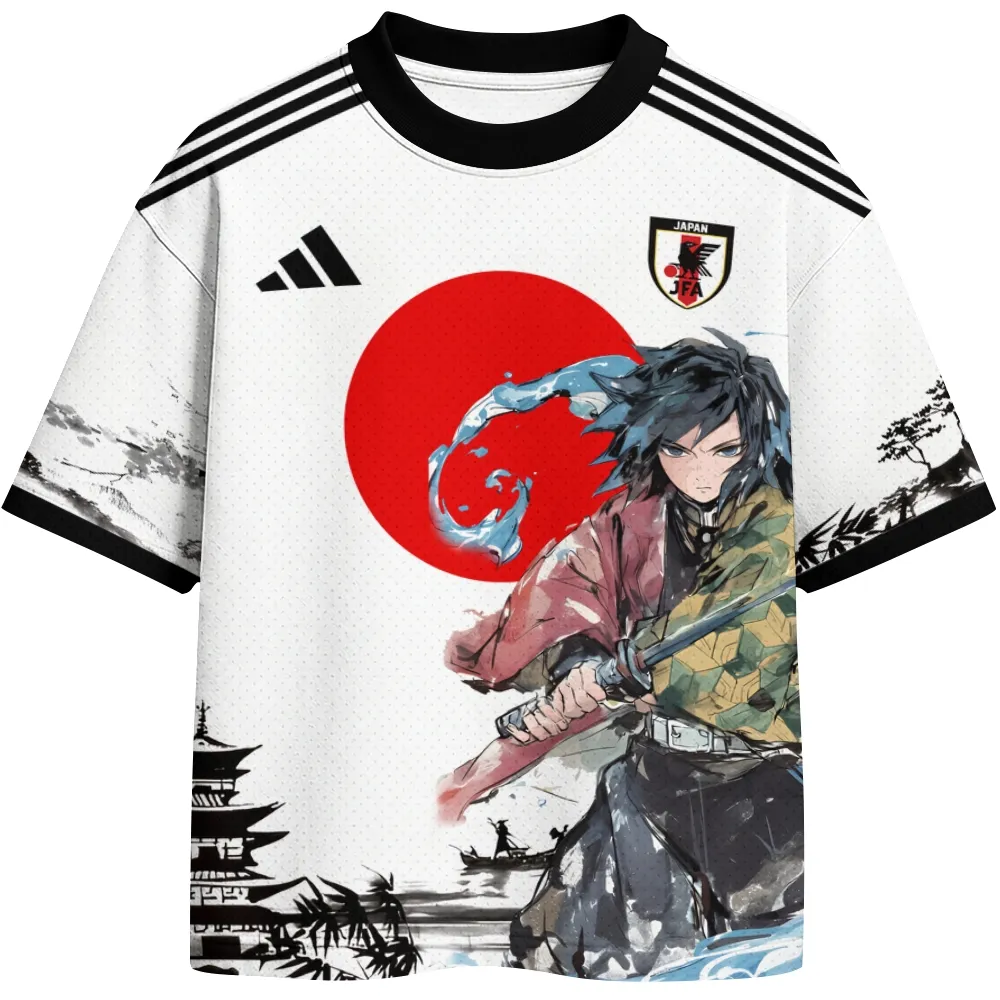 Demon Slayer Giyu Tomioka Shinobu Kocho Football Jersey, Rising Sun Ink Painting Anime Crew Neck Jersey Shirt, White Sports Tee