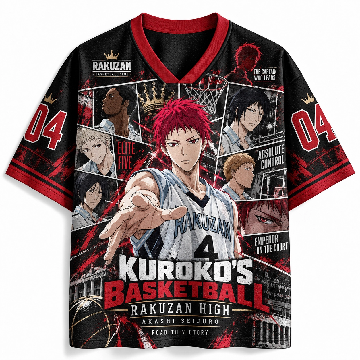 Kuroko's Basketball Akashi Seijuro Football Jersey, Rakuzan High Black and Red Anime V-Neck Jersey Shirt, Number 04 Emperor Fan Tee