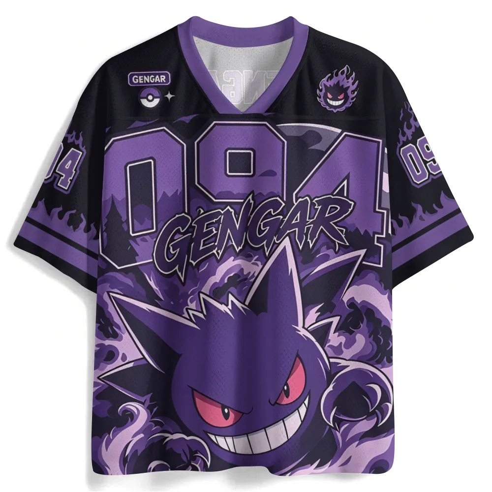 Pokemon Gengar Football Jersey, Ghost Type Number 094 Purple and Black Anime V-Neck Jersey Shirt, Spooky Grinning Shadow Gamer Sports Tee