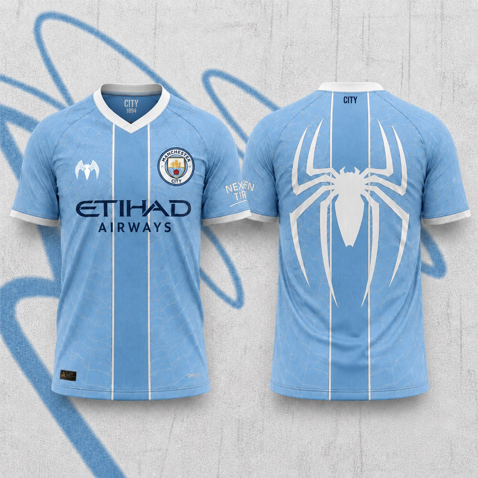 Spider-Man Manchester City Crossover Football Jersey, White Arachnid Emblem Sky Blue Superhero Crew Neck Jersey Shirt, Soccer Kit Style Tee