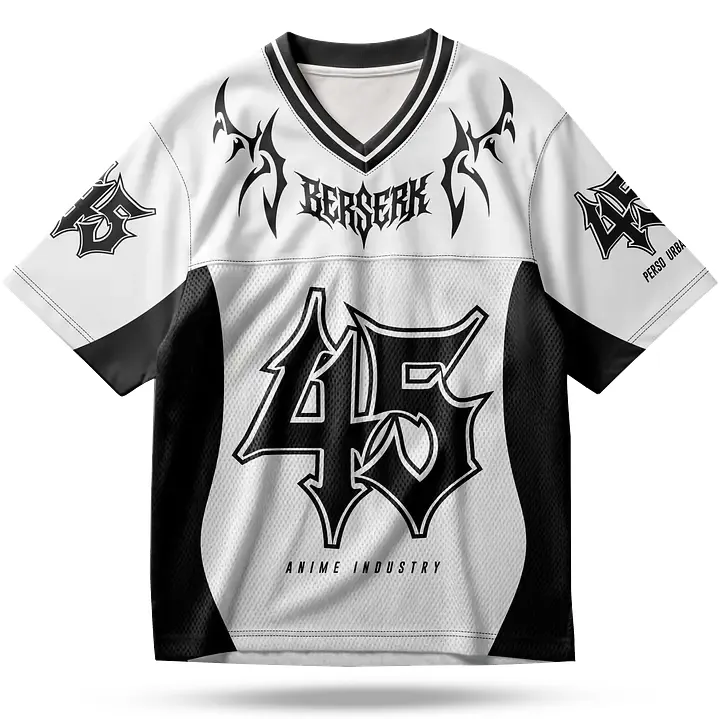 Berserk Guts Brand of Sacrifice Football Jersey, Gothic 45 Anime V-Neck Jersey Shirt, Black and White Sports Tee for Dark Fantasy Fans