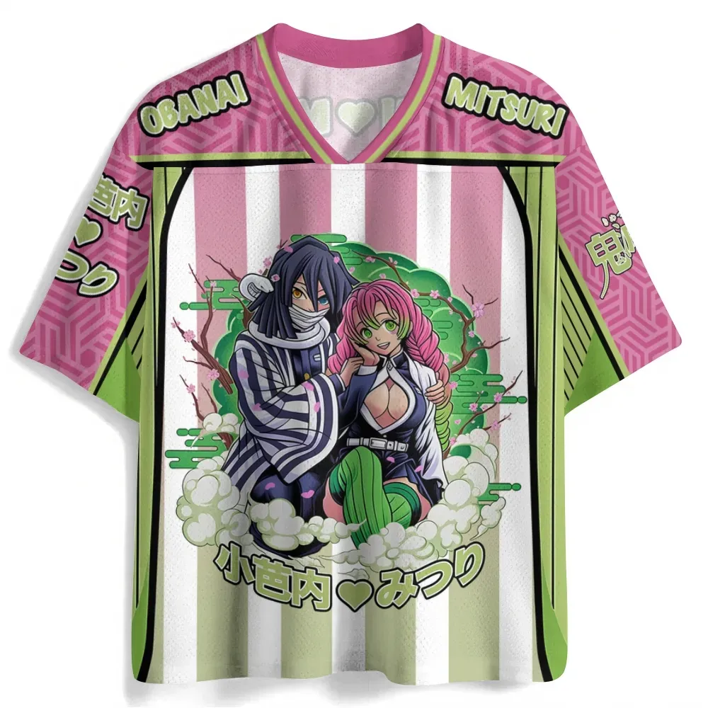 Demon Slayer Obanai Iguro Mitsuri Kanroji Football Jersey, Love and Serpent Hashira Couple Anime V-Neck Jersey Shirt, Pink Green White Tee