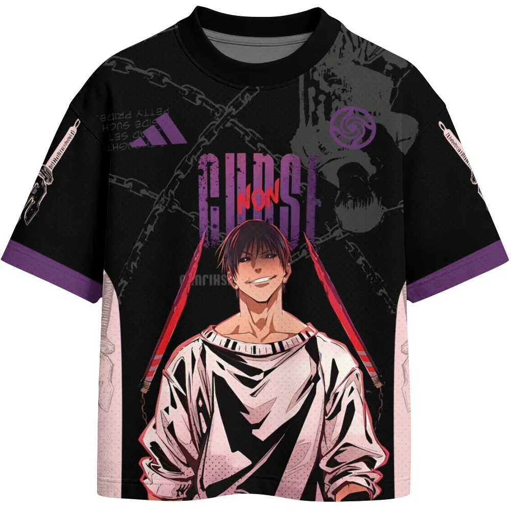 Jujutsu Kaisen Toji Fushiguro Football Jersey, Black Purple and Pink Crew Neck Anime Jersey Shirt, Zenin Clan Sorcerer Killer Chains Tee