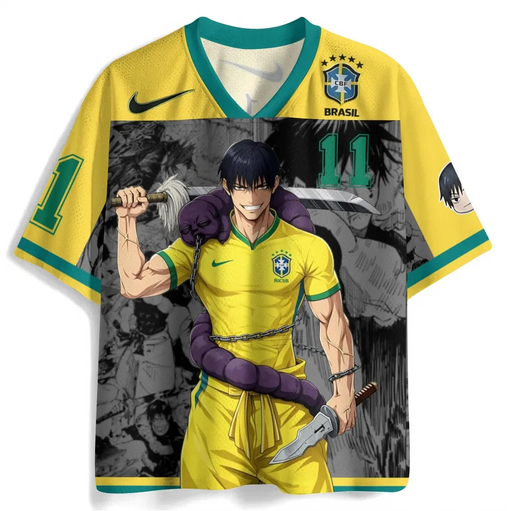 Jujutsu Kaisen Toji Fushiguro Football Jersey, Number 11 Soccer Star Anime V-Neck Jersey Shirt, Yellow Green Grey Manga Mesh Tee for JJK Fans
