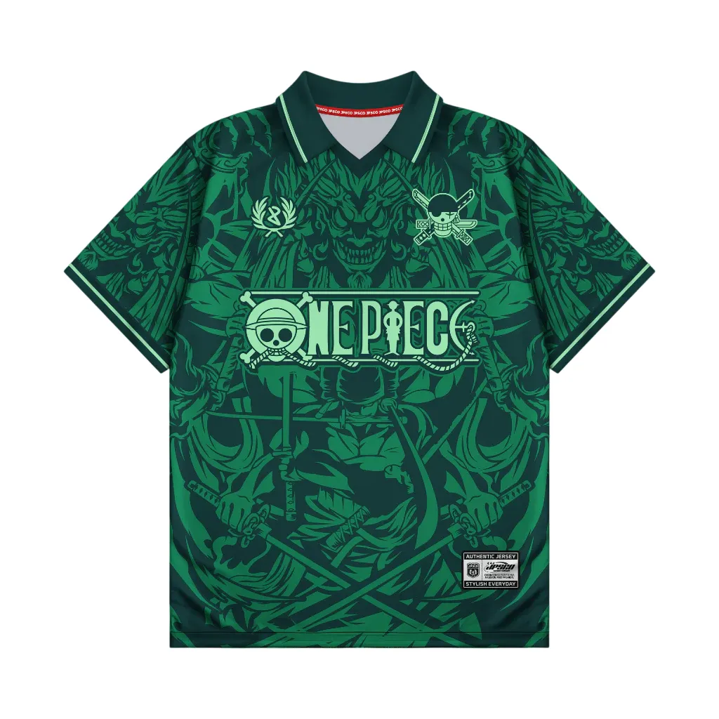 One Piece Roronoa Zoro Football Jersey, Straw Hat Pirates V-Neck Jersey Shirt, Dark Green Collared Sports Tee for Anime Fans