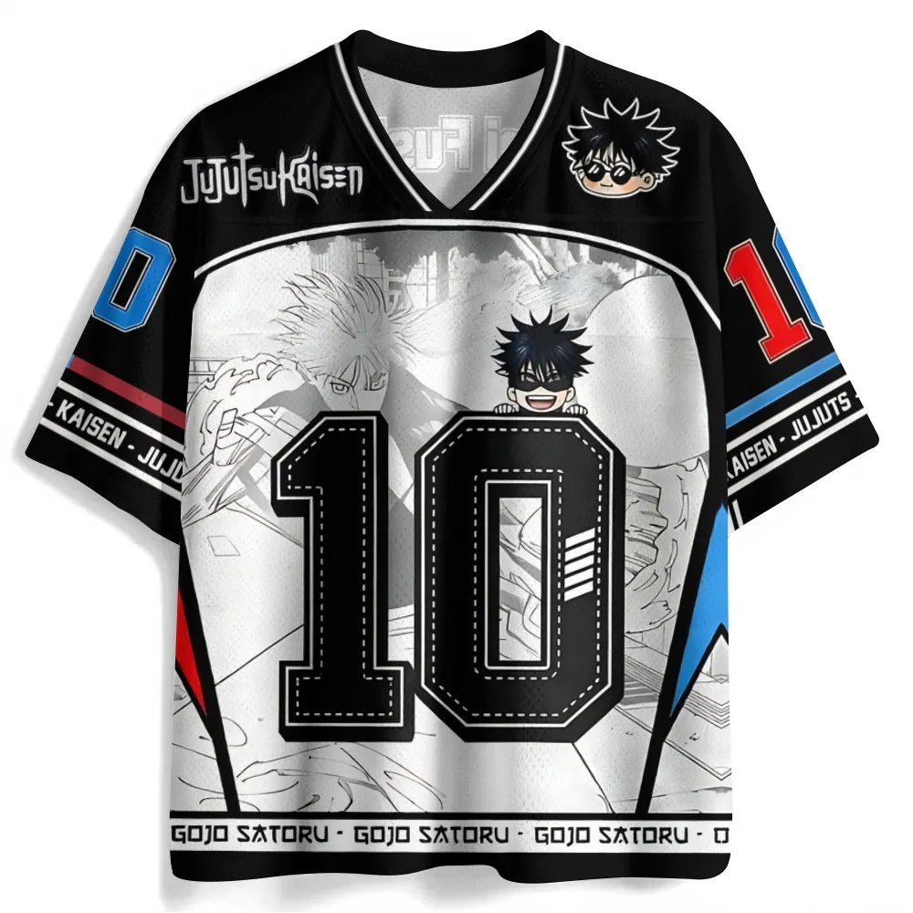 Jujutsu Kaisen Megumi Fushiguro Football Jersey, Ten Shadows Number 10 Anime V-Neck Jersey Shirt, Black White Red Blue Sports Tee