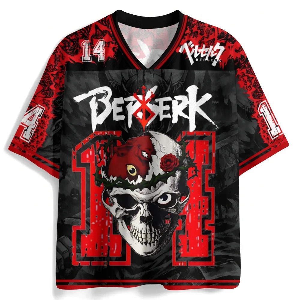 Berserk Football Jersey, Skull Knight Crown of Thorns and Berserker Armor Number 14 Black and Red Anime V-Neck Jersey Shirt, Dark Manga Tee