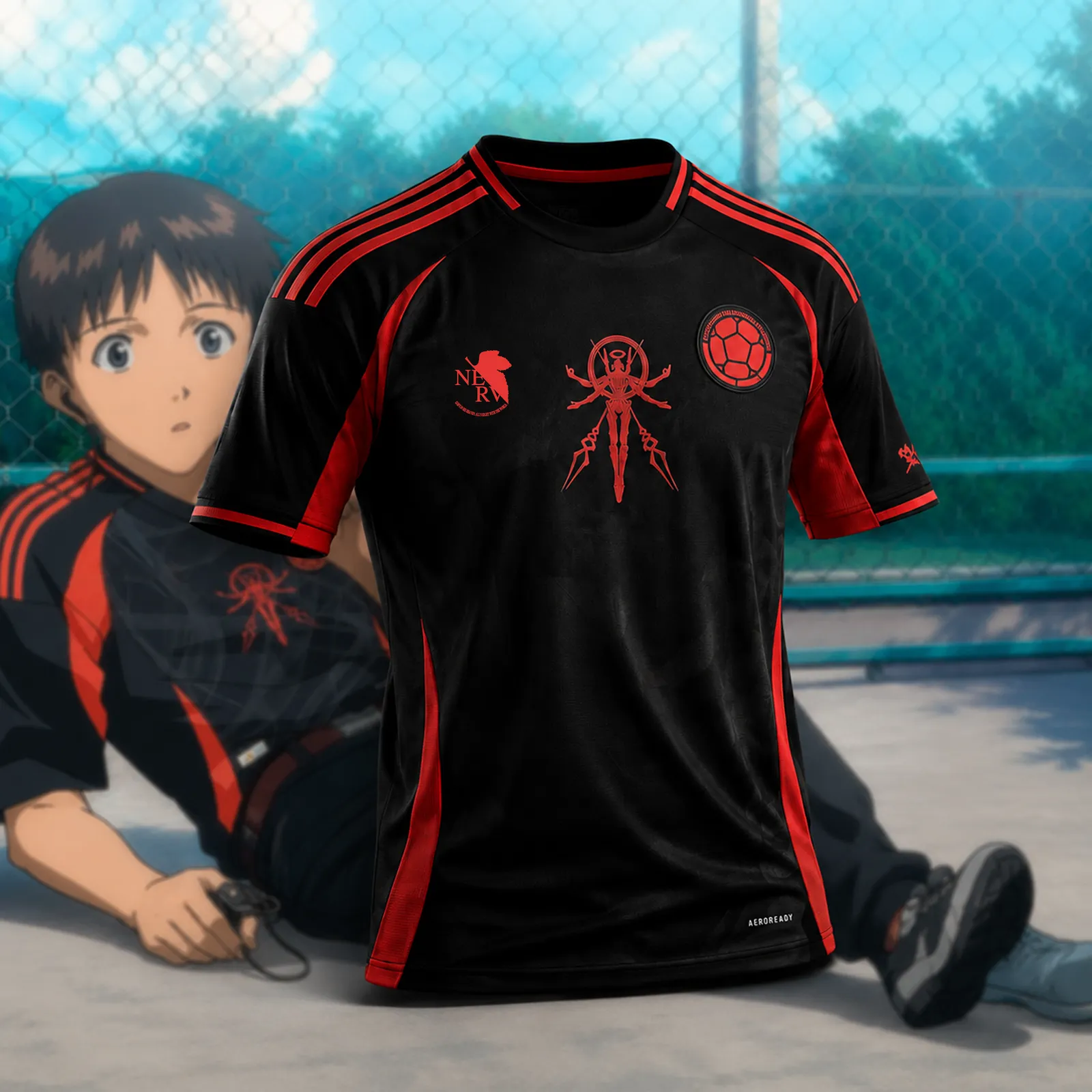Neon Genesis Evangelion Nerv Football Jersey, Eva Unit-01 Shinji Ikari Anime Crew Neck Jersey Shirt, Black Red Line Art Soccer Style Tee