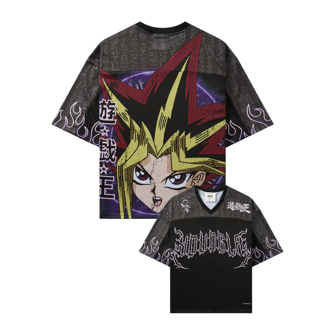 Yu-Gi-Oh Yami Yugi Football Jersey, Pharaoh Atem Comic Pop Art Japanese Title Gothic Script Mesh Anime V-Neck Jersey Shirt, Black Charcoal Tee