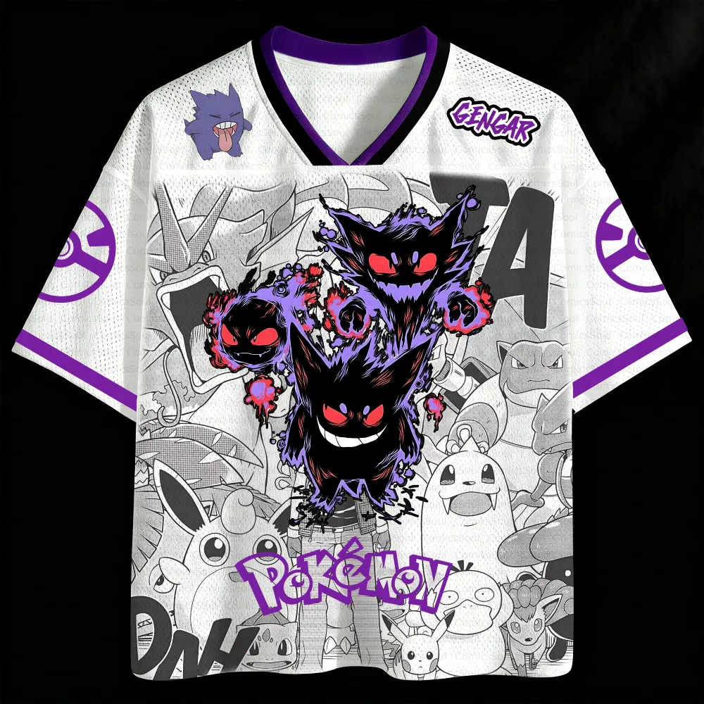 Pokémon Gengar Football Jersey, Ghost Type Haunter Gastly Evolution Anime V-Neck Jersey Shirt, White Purple Manga Mesh Tee for Fans