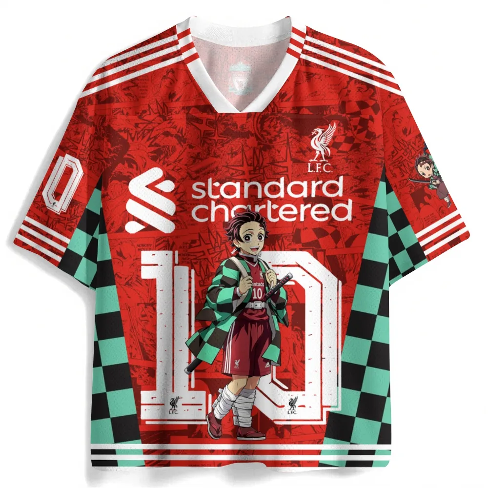 Demon Slayer Tanjiro Kamado Football Jersey, Number 10 Soccer Player Checkered Haori Anime V-Neck Jersey Shirt, Red and Green Sports Tee