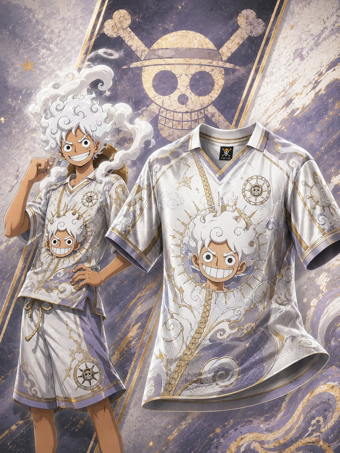 One Piece Gear 5 Luffy Football Jersey, Sun God Nika Cloud Hair Straw Hat Jolly Roger Anime Collared Jersey Shirt, White Gold Lavender Soccer Tee