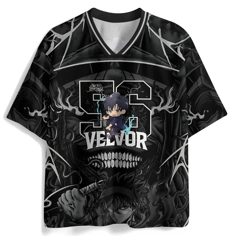 Solo Leveling Sung Jinwoo Football Jersey, Shadow Monarch Igris Anime V-Neck Jersey Shirt, Black Gray Number 56 Dark Fantasy Tee