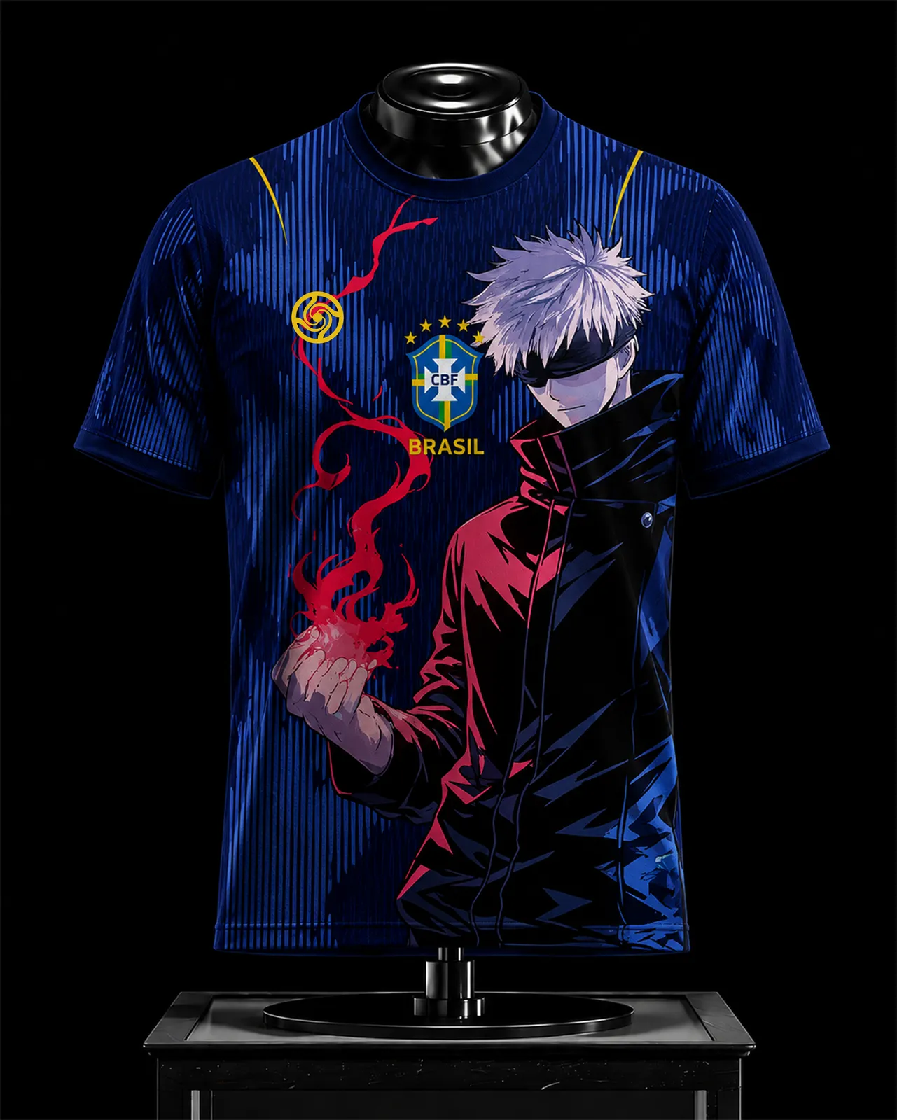 Jujutsu Kaisen X Brazil Satoru Gojo Football Jersey, Navy Pinstripe Crew Neck Anime Soccer Jersey Shirt, Red Cursed Energy Brasil Sports Tee