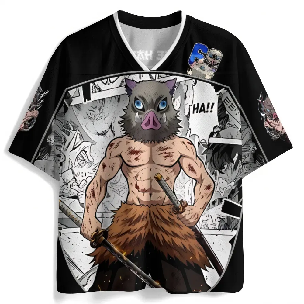Demon Slayer Inosuke Hashibira Football Jersey, Beast Breathing Boar Mask Anime V-Neck Jersey Shirt, Black White Blue Manga Mesh Tee for Fans