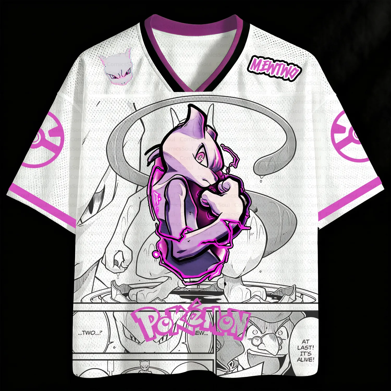 Pokemon Mewtwo Football Jersey, Galaxy Psychic Legendary Manga Panel Anime V-Neck Jersey Shirt, White Pink Purple Sports Tee for Fans