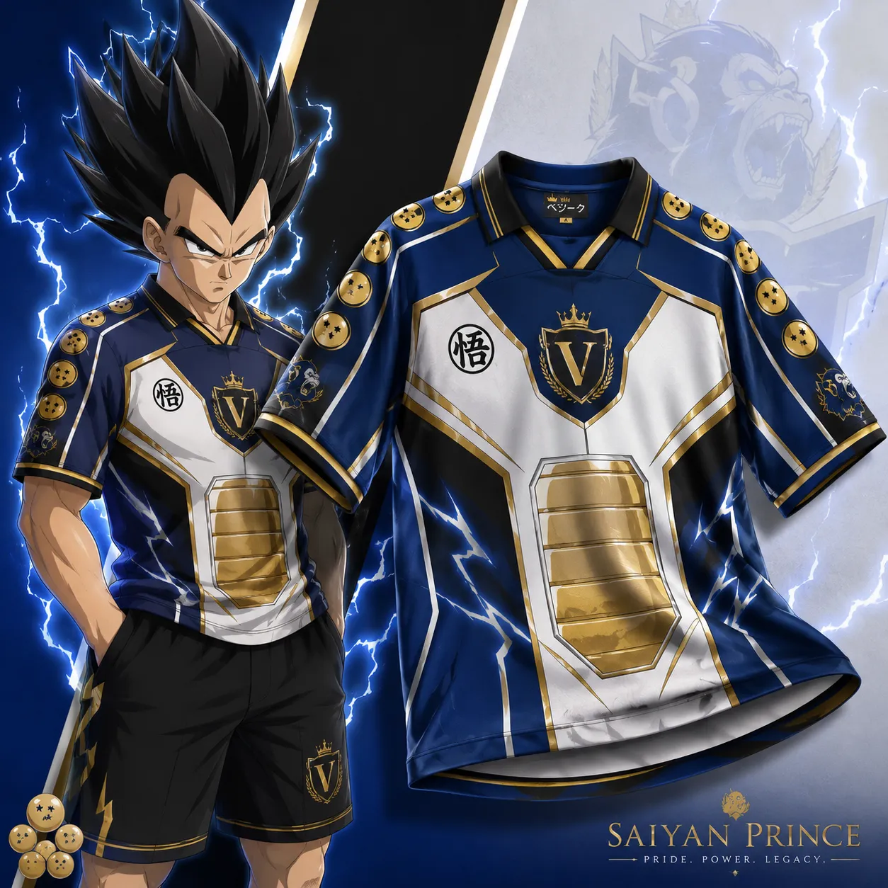 Dragon Ball Vegeta Saiyan Prince Football Jersey, Battle Armor Royal V Crest Anime Jersey Shirt, Navy White and Gold Sports Tee for DBZ Fans