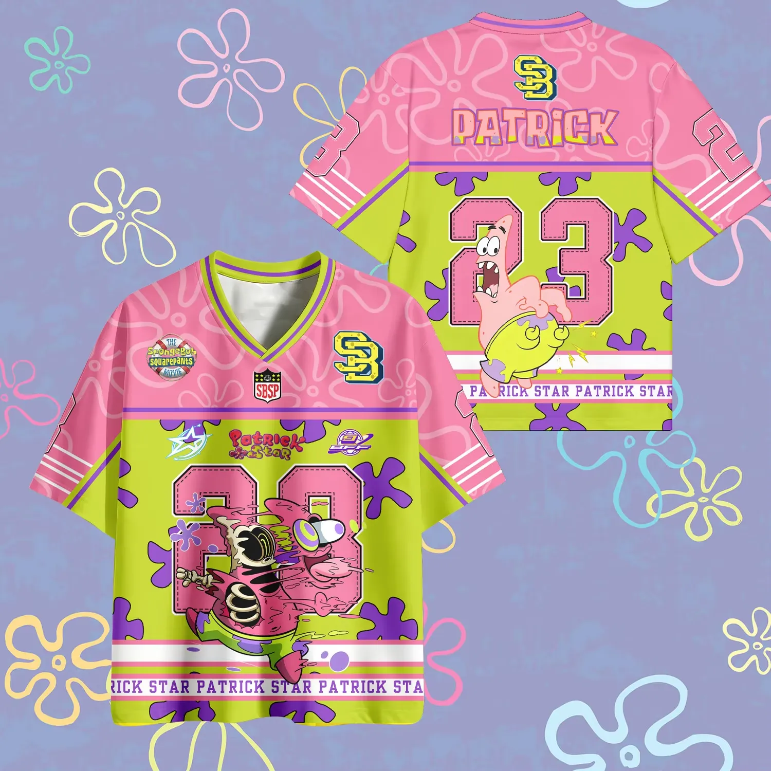 SpongeBob SquarePants Patrick Star Football Jersey, Bikini Bottom Number 23 Cartoon V-Neck Jersey Shirt, Pink Lime Green Tee for Fans