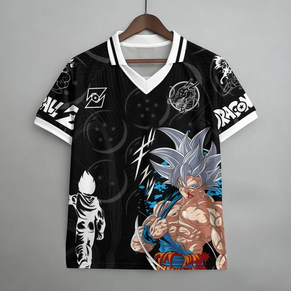 Dragon Ball Z Goku Ultra Instinct Football Jersey, Battle Worn Saiyan and Vegeta Silhouette Anime Soccer Style Jersey Shirt, Black and White Tee