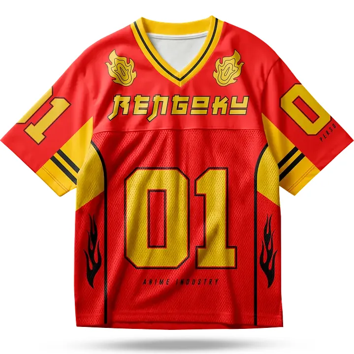 Demon Slayer Kyojuro Rengoku Football Jersey, Flame Hashira Number 01 Anime V-Neck Jersey Shirt, Red and Golden Yellow Varsity Sports Tee