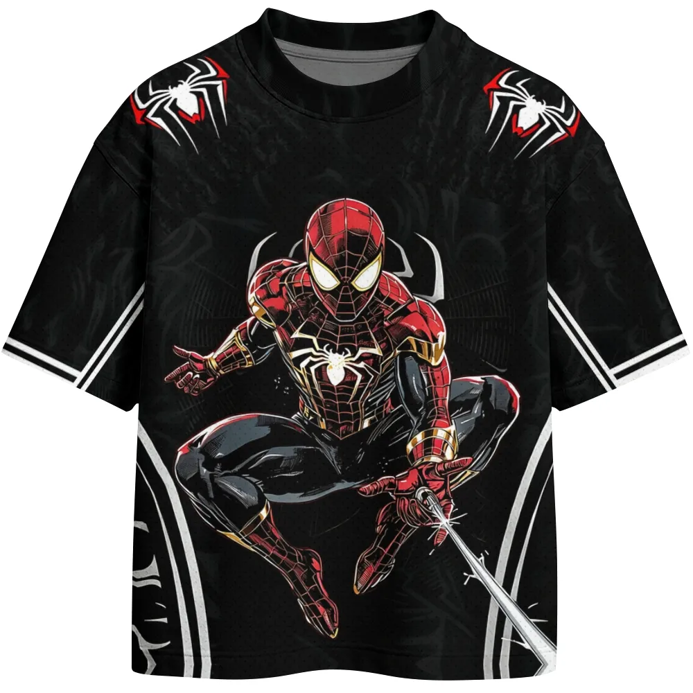 Spider-Man Integrated Suit Football Jersey, Black and Red Crew Neck Marvel Superhero Jersey Shirt, Gold Web Night City Skyline Tee