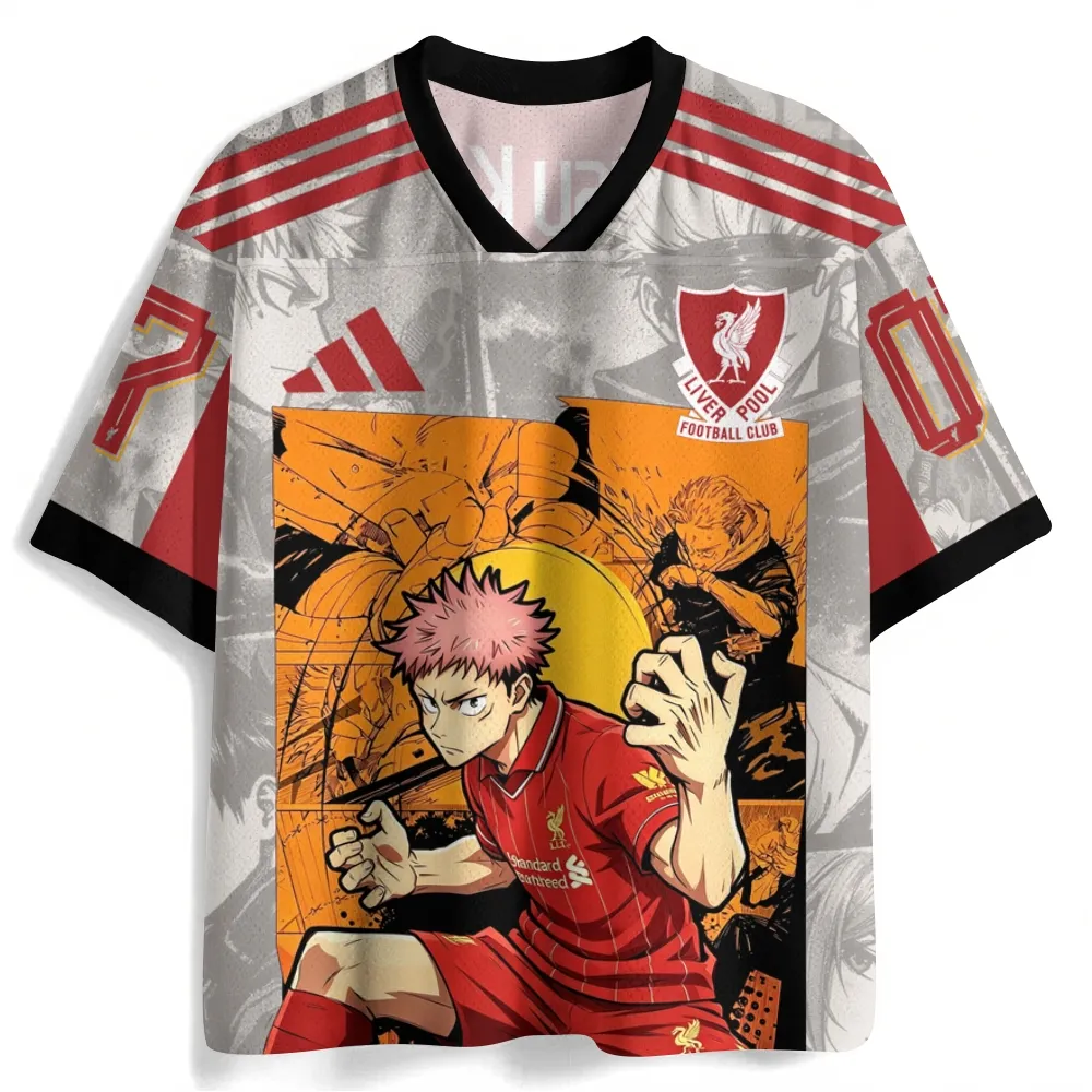 Jujutsu Kaisen Yuji Itadori Football Jersey, Liverpool Style Grey and Red Anime V-Neck Jersey Shirt, Number 07 Manga Panel Fan Tee