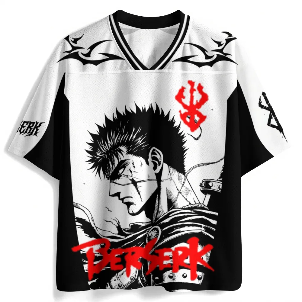 Berserk Guts Football Jersey, Brand of Sacrifice Wolf Helm Manga Portrait Anime V-Neck Jersey Shirt, White Black Red Sports Tee for Fans