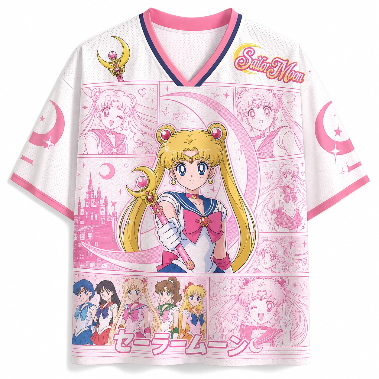 Sailor Moon Usagi Tsukino Football Jersey, Sailor Mercury Mars Jupiter Venus Moon Stick Anime V-Neck Jersey Shirt, White and Pink Tee