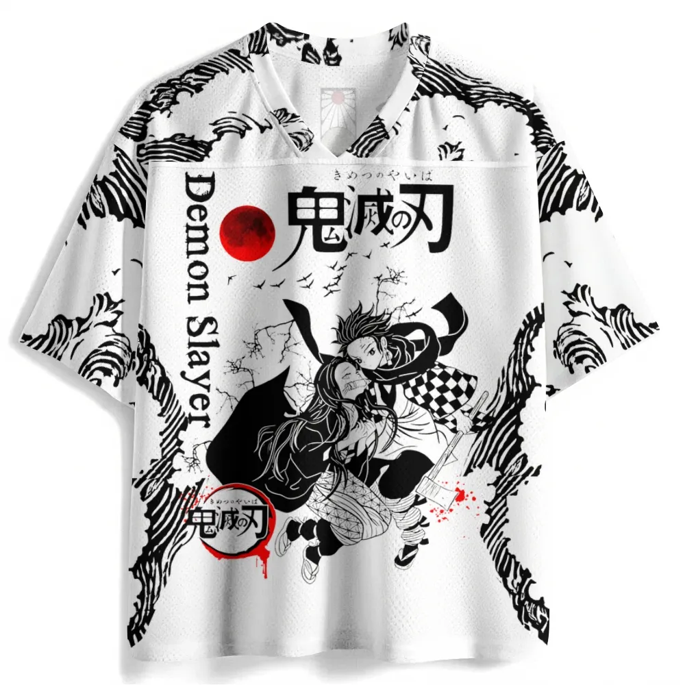 Demon Slayer Tanjiro Kamado Nezuko Football Jersey, Kimetsu no Yaiba Kanji Logo Red Moon Waves Anime V-Neck Jersey Shirt, White Black Tee
