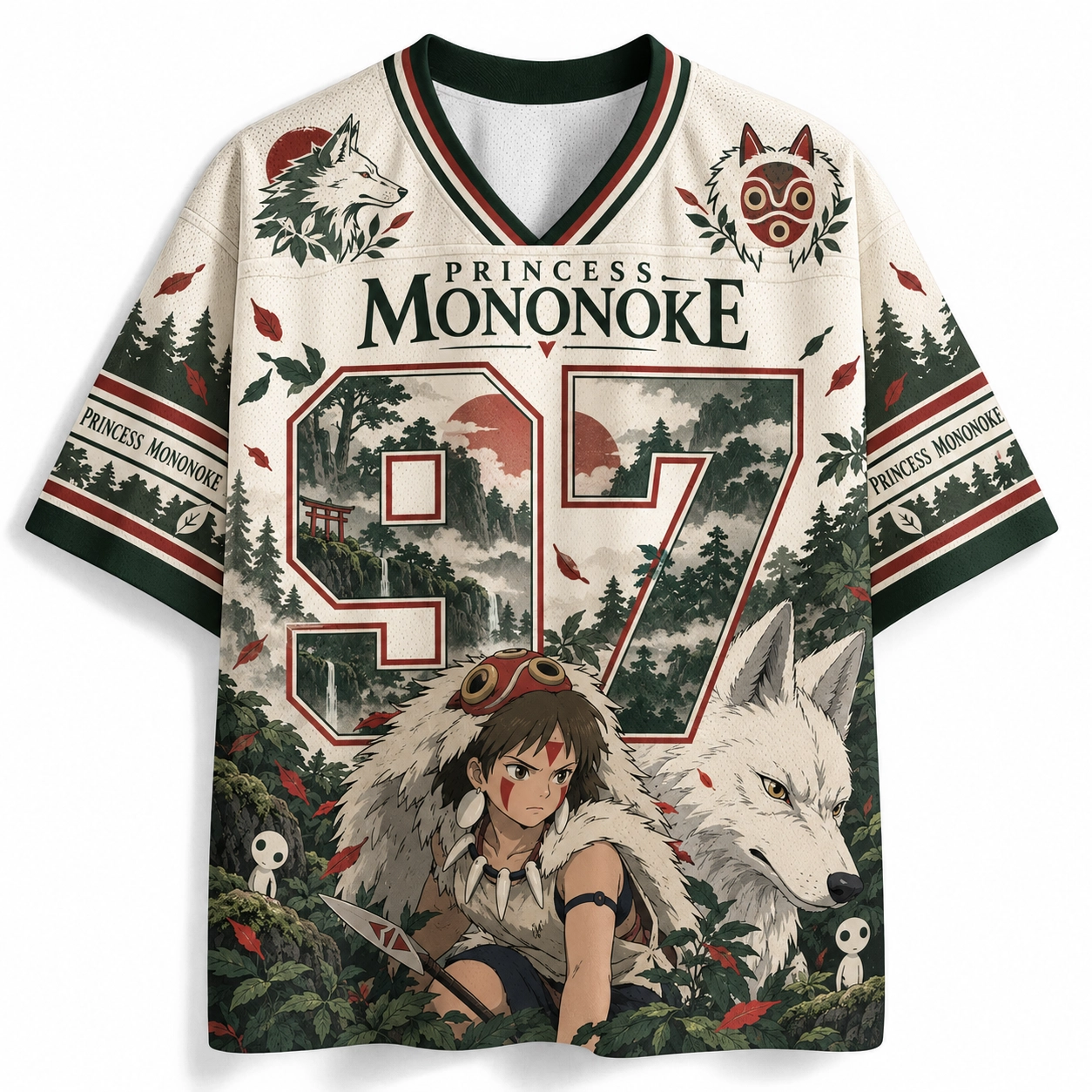 Princess Mononoke San and Moro Football Jersey, Cream and Forest Green Anime V-Neck Jersey Shirt with Number 97, Kodama Wolf Spirit Tee