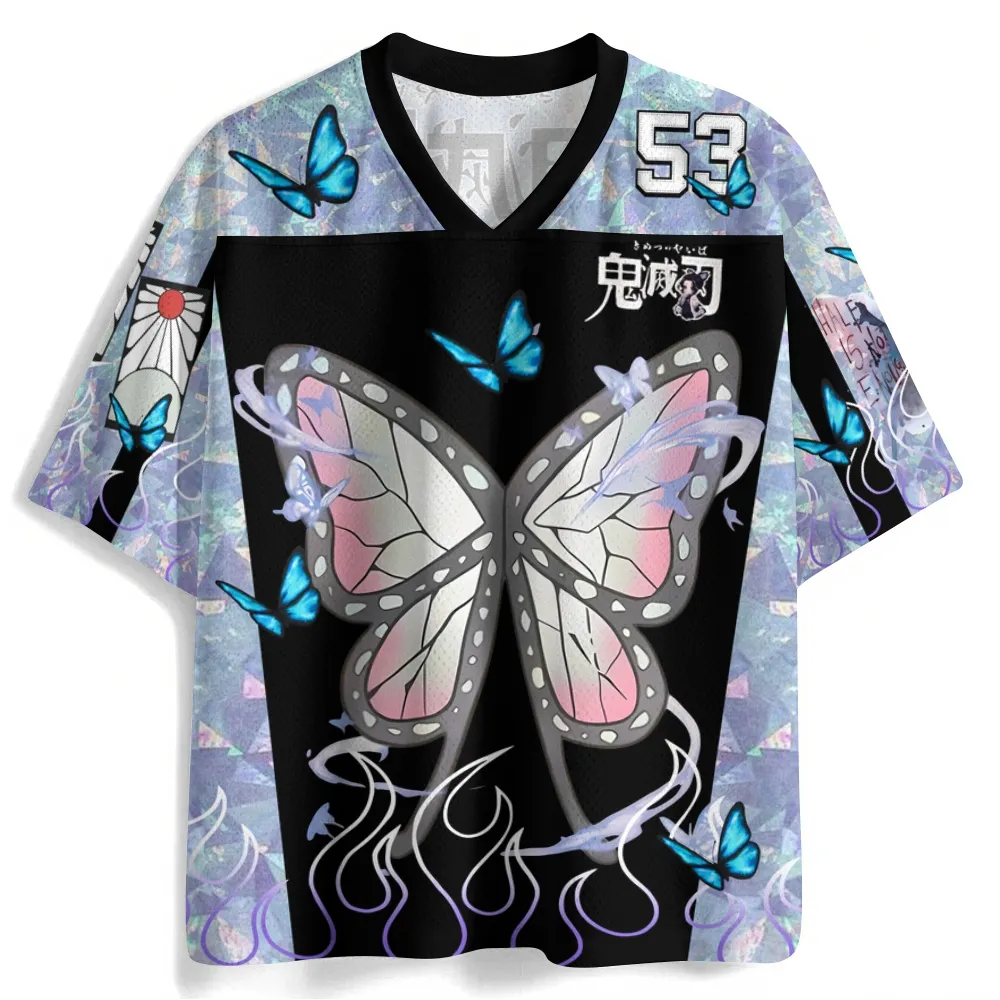 Demon Slayer Shinobu Kocho Football Jersey, Insect Hashira Butterfly Number 53 Anime V-Neck Jersey Shirt, Lavender Black Sports Tee