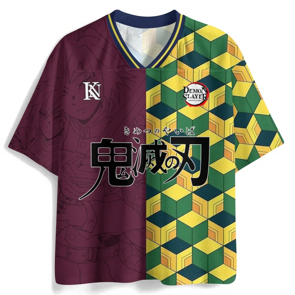 Demon Slayer Giyu Tomioka Football Jersey, Water Hashira Split Haori Pattern Anime V-Neck Jersey Shirt, Maroon Green Geometric Fan Tee