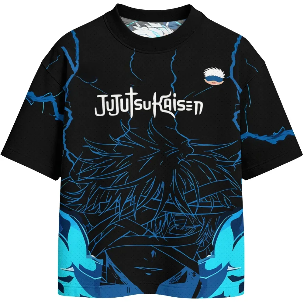 Jujutsu Kaisen Satoru Gojo Football Jersey, Blue Lightning Crew Neck Anime Jersey Shirt, Black Cyan Infinity Tee for JJK Fans