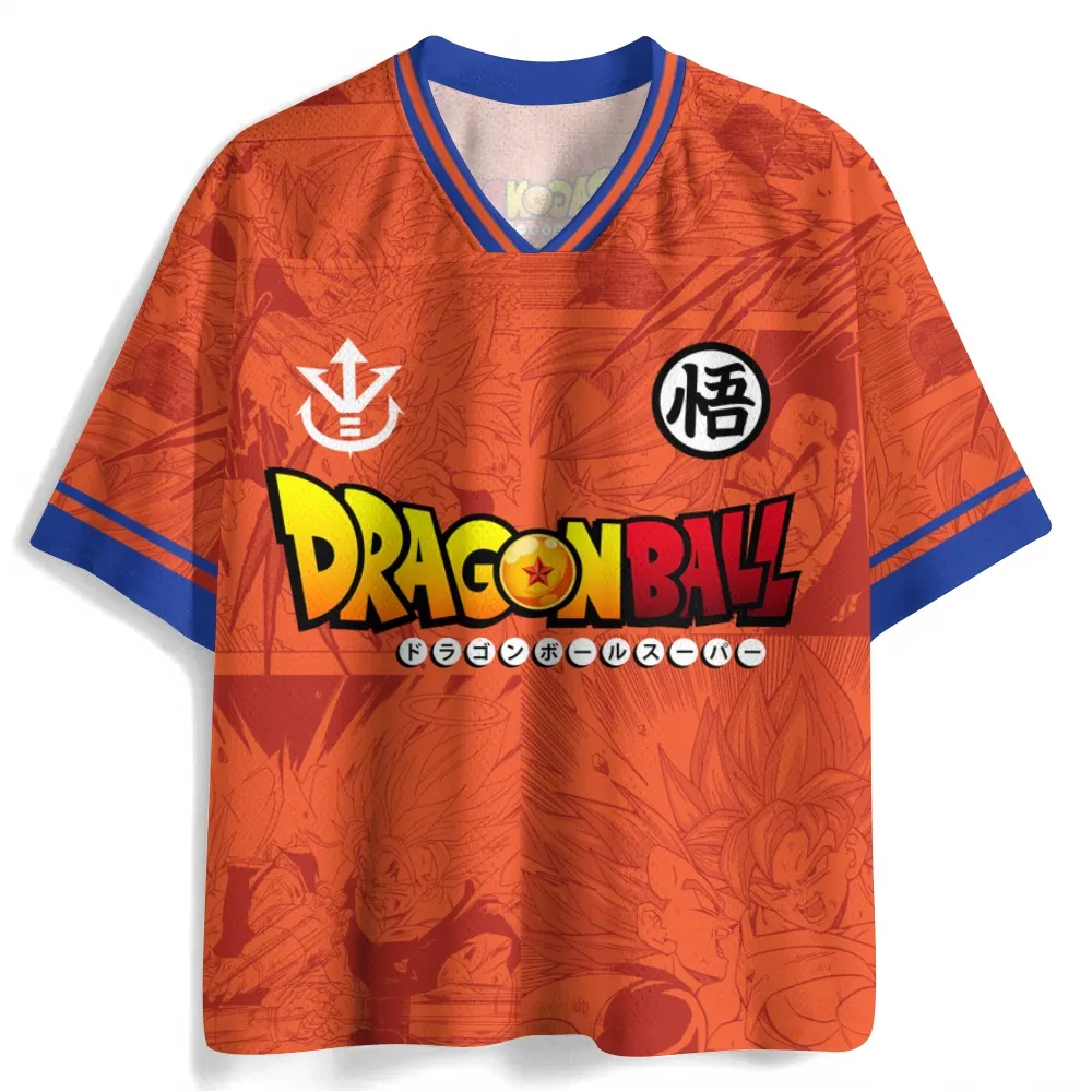 Dragon Ball Goku Kanji Football Jersey, Vegeta Saiyan Royal Crest Anime V-Neck Jersey Shirt, Orange Blue Manga Print Mesh Tee for DBZ Fans
